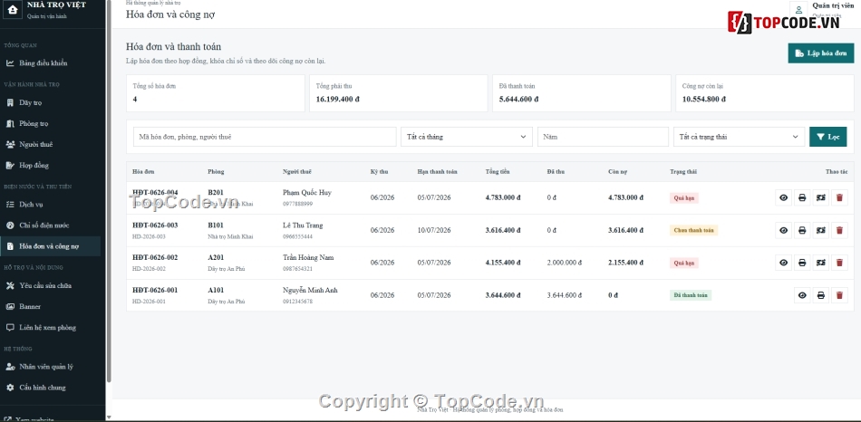 Website quản lý,quản lý trọ,code quản lý nhà trọ